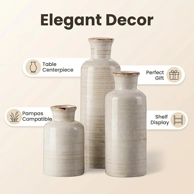 White Rustic Ceramic Vase Set of 3, Farmhouse Vase - Image 5