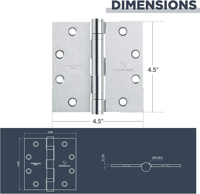 Satin Chrome 4.5 Inch Commercial Hinges Square Radius Corners Brushed Silver - Image 6