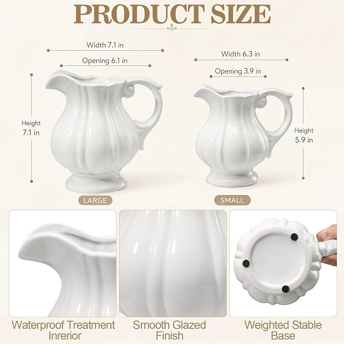 2 Pack White Ceramic Pitcher Vase Set Small Rustic, 7.1in | Decorative Flower - Image 2