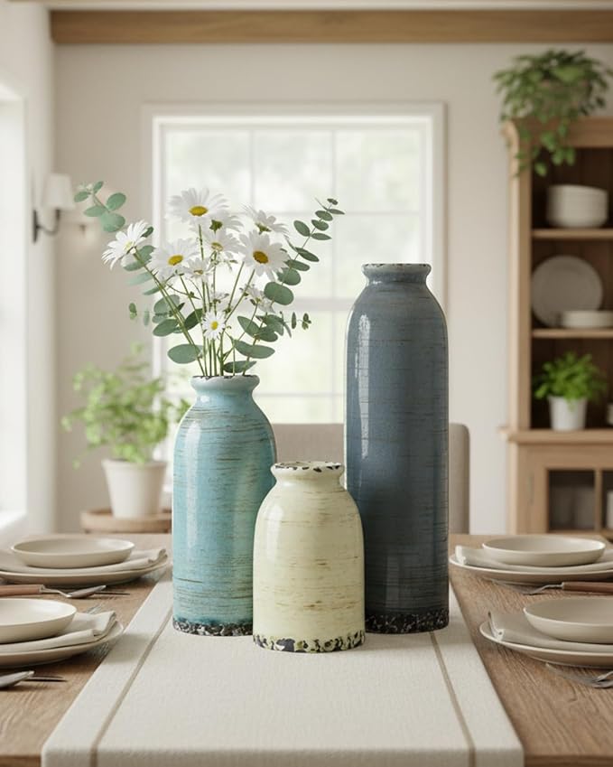 Modern Pottery Vase Set of 3, Neutral Ceramic Bottle Vases - Image 4