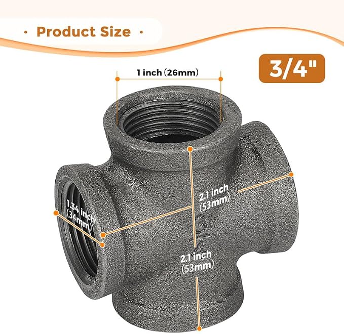 3/4" Pipe Fittings 4-Way Cross Fitting Home Expert 4 Pack | Malleable Cast Iron - Image 3