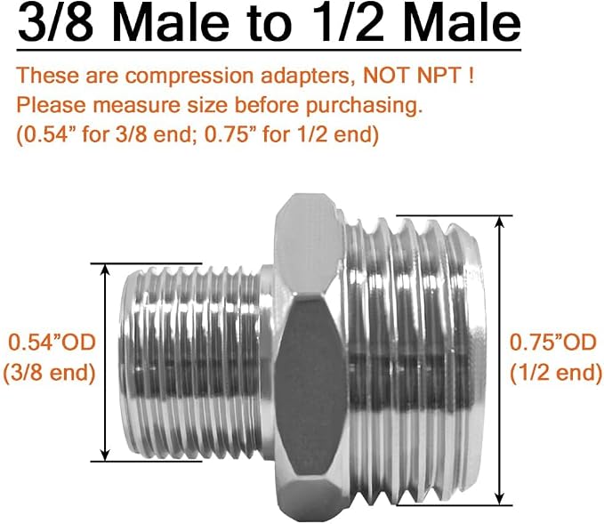 Joywayus 1/2 G Male to 3/8 Compression Male Thread Pipe Fitting, Nickel Plated - Image 2