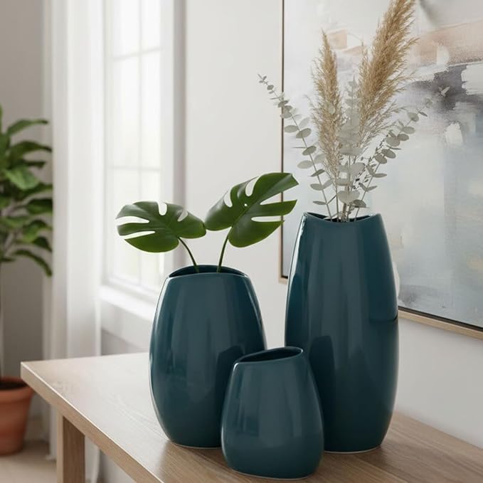 hjn Ceramic Vase Set of 3 Teal Flower Vase - Image 2