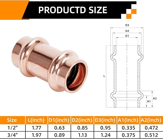 1/2" Copper Press Coupling Fitting - Image 2