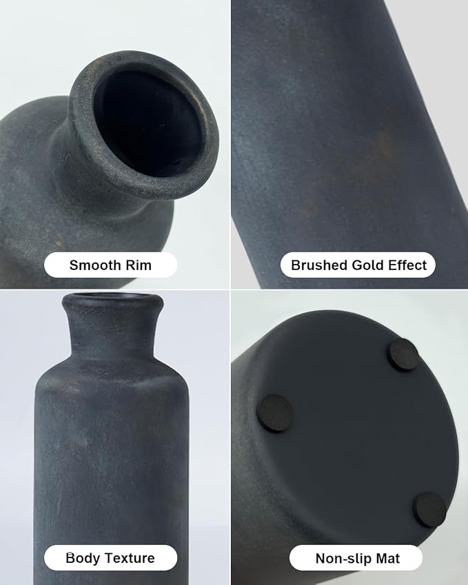 Black Ceramic Vase Set of 3, Vintage Brushed Gold Effect - Image 3