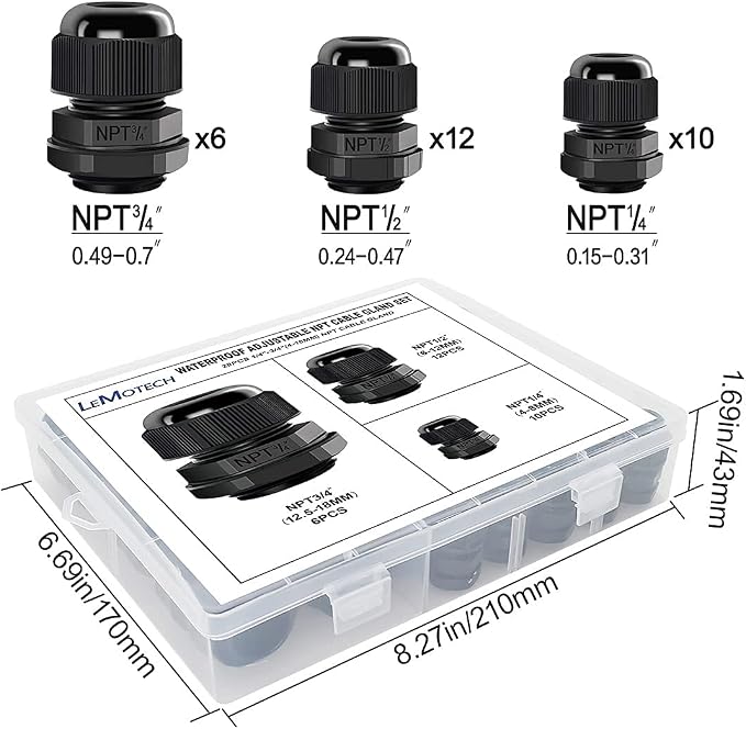 28 Pack NPT 1/4" 1/2" 3/4" Cable Glands Kit Waterproof Adjustable 4-18mm Cable - Image 5