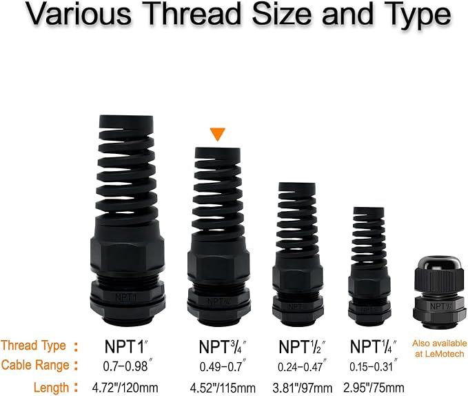5Pcs NPT 3/4" IP68 Waterproof Cable Gland Flex Spiral Strain Relief Black Nylon - Image 6