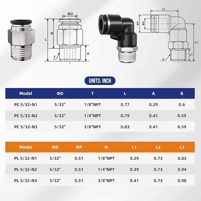1/4 Push to Connect Fittings npt Thread to 5/32 Air Line quick | Pneumatic - Image 2