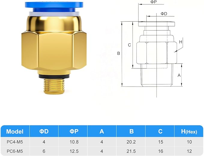 TAILONZ PNEUMATIC Blue Straight 4mm Tube OD x M5 Thread Push to Connect Fitting - Image 2