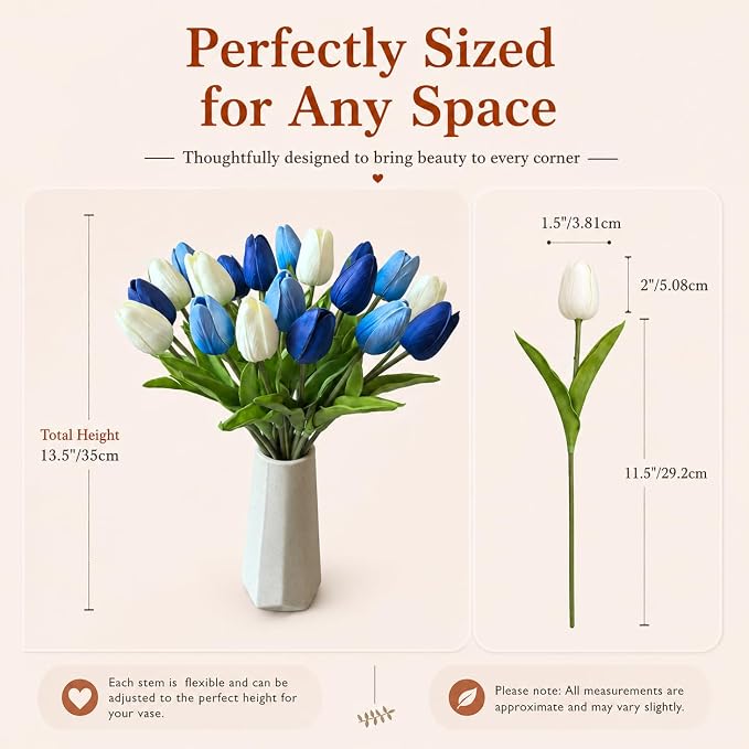 Mandy's 20pcs Artificial Shades of Blue Tulips | 13.5 Inch Lifelike PU Tulips - Image 3