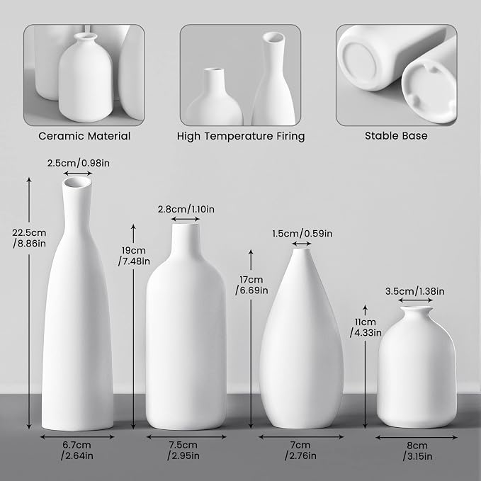 White Ceramic Vase Set of 4, Modern Farmhouse Decorative Vases - Image 2