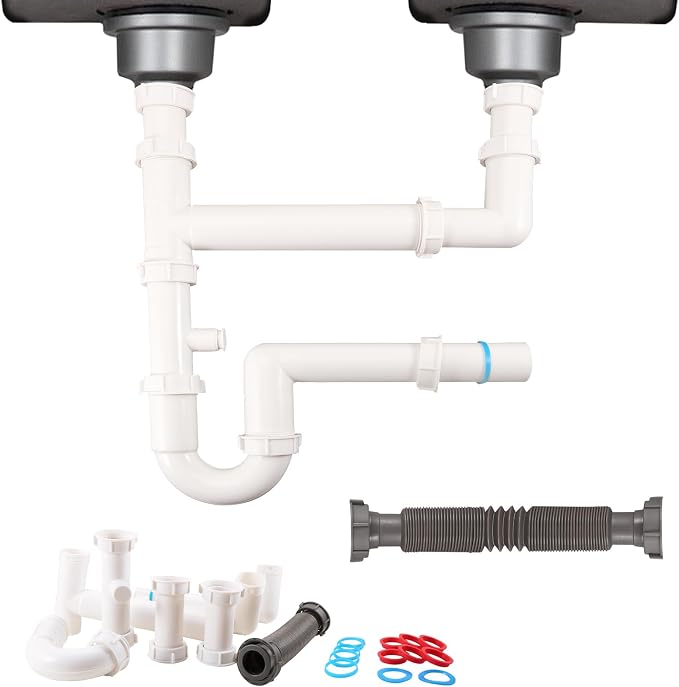 Universal 1-1/2" Kitchen Sink Drain Kit, Space-Saving kitchen drain P-trap by QruiLanTu