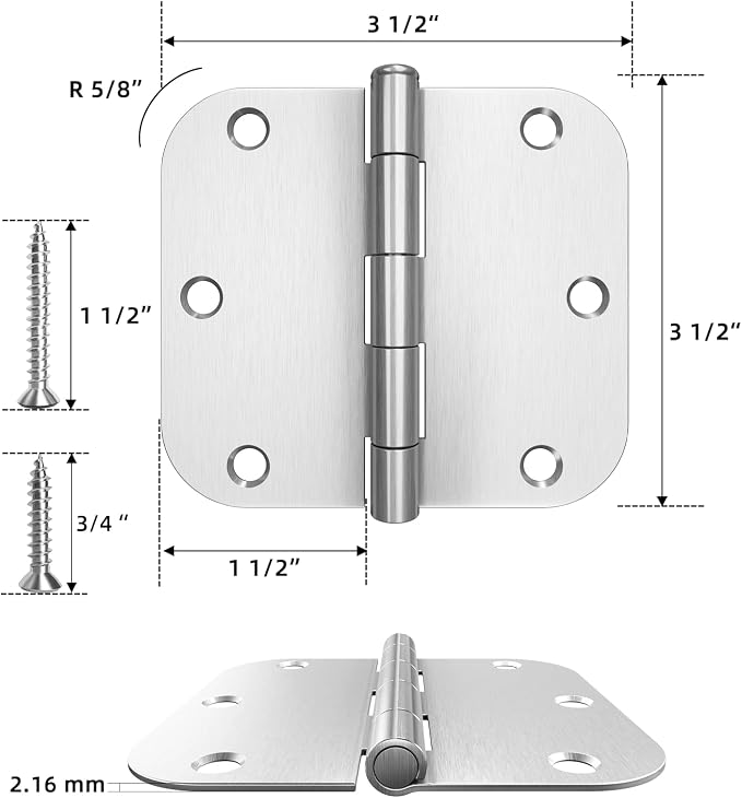 HOSOM 18 Pack 3.5 Inch Brushed Nickel Interior Door Hinges, 5/8 Radius - Image 2
