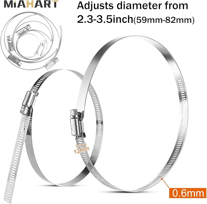 MIAHART 3 inch Hose Clamp Adjustable 304 Stainless Steel Duct Clamps 6 Pack - Image 2