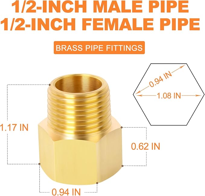 GASHER 5PCS Brass Pipe Fitting, 1/2-Inch Male Pipe x 1/2-Inch Female Pipe - Image 4