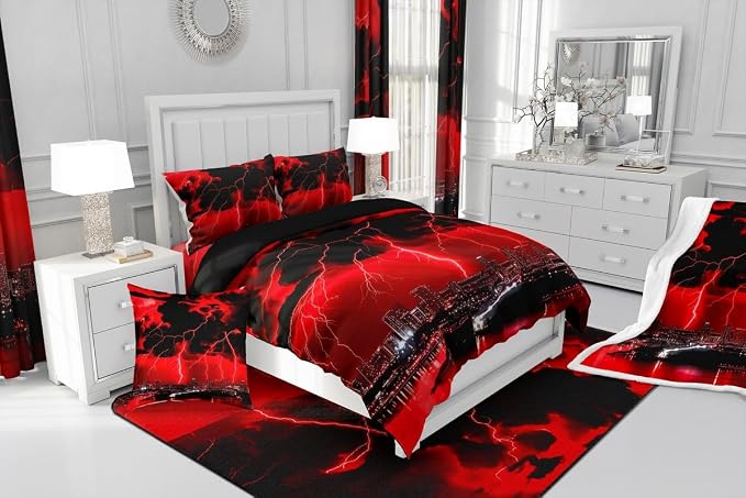 jejeloiu Red Thunder Lightning Window Drapes Cool Flashing Lightning Blackout - Image 7