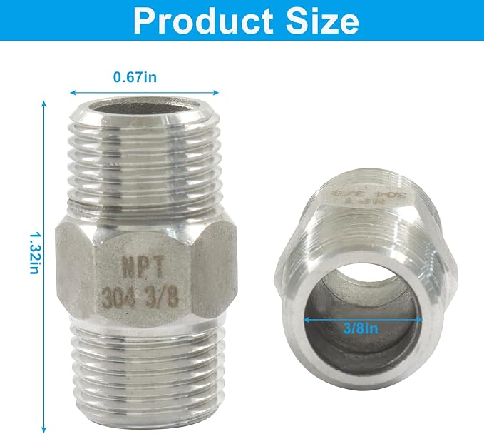 3/8" Male x 3/8" Male NPT Hex Nipple Pipe Fittings, Threaded Adapter, - Image 2