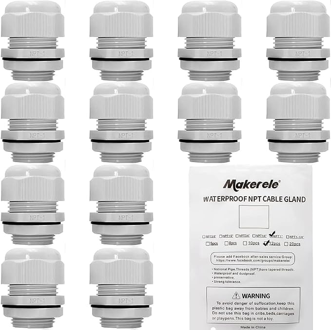 MAKERELE 12Pcs 1 Inch Grey NPT Cable Glands, IP68 Waterproof | Plastic Nylon by MAKERELE