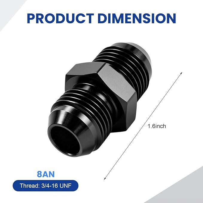 8AN to 8AN Male Flare Coupler, Aluminum Union Straight Fuel Line Fitting - Image 2