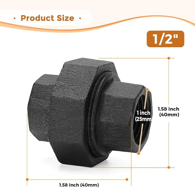 1/2" Black Pipe Fittings Union Home Expert 4 Pack | Malleable Cast Iron Pipe - Image 3
