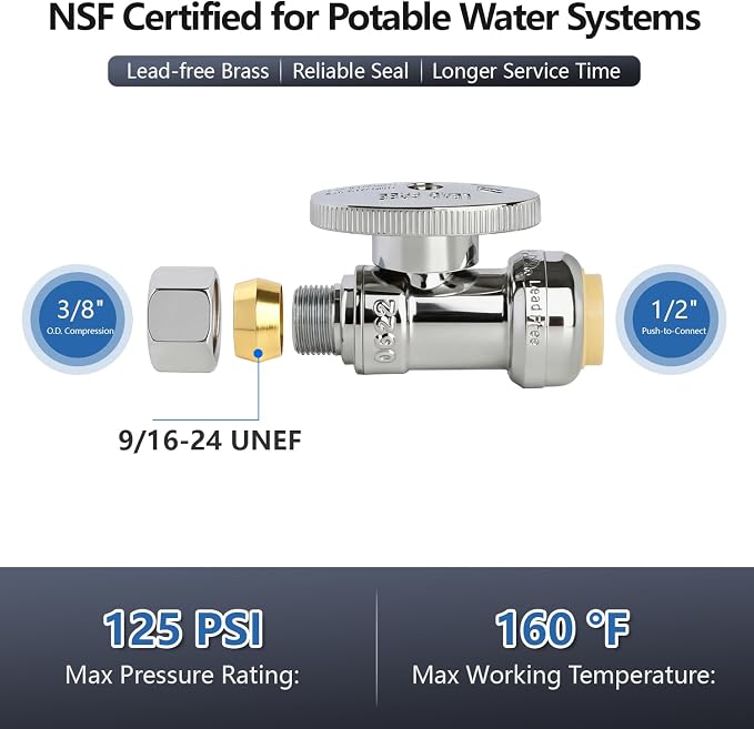 WiseWater Push to Connect Angle Stop Valve 1/2" Push x 3/8" Compression | - Image 2
