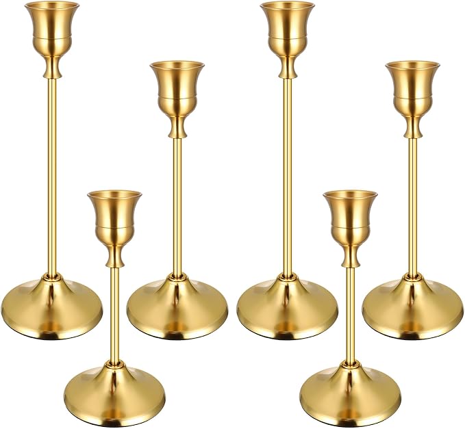 6PCS Brass Gold Taper Candle Holders Set, Vintage Candlestick Holders | Tall by Ovveroche