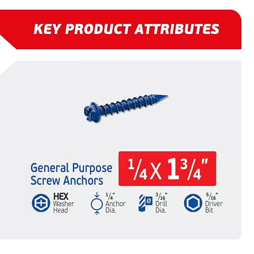 1/4 x 1-3/4 Hex Head Blue Concrete Screw Anchors w/one Screwdriver and Drill Bit - Image 2