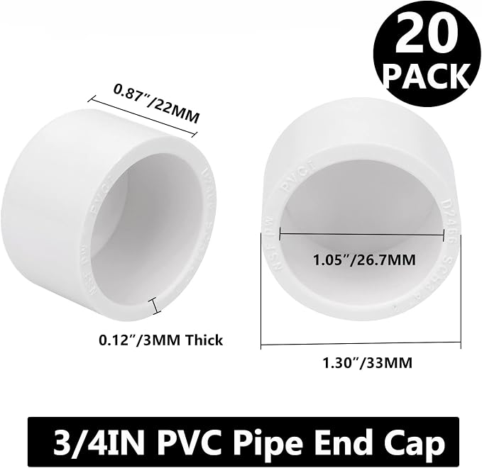 20 Pack PVC Pipe End Cap Fitting 3/4 Inch PVC Pipe End Cap Plug Adapter - Image 3