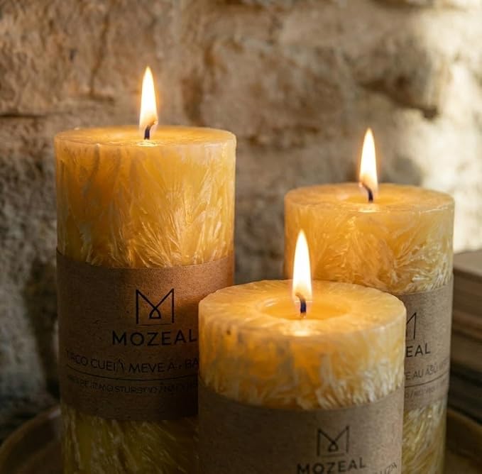 MOZEAL Hand-Poured, Unscented Yellow Crystal Pillar Decorative Candles - Image 4
