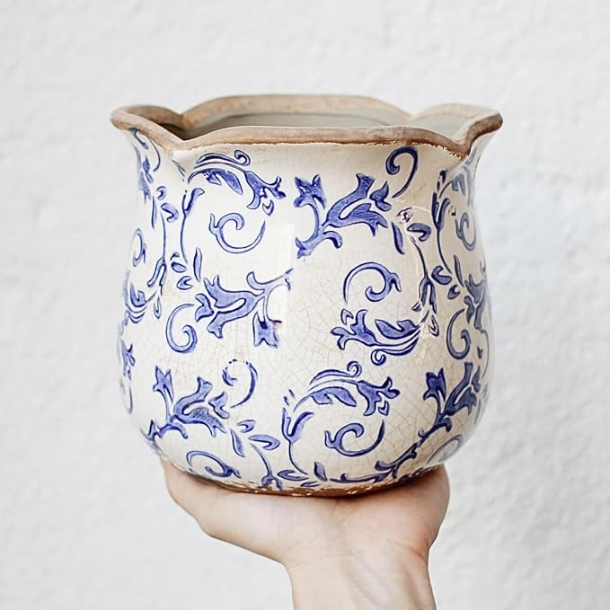Retro Distressed Ceramic Pots, Antique Crackle Glaze Planters w/ Drainage | - Image 5