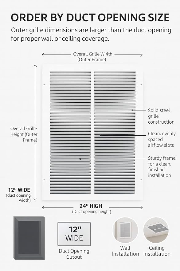 12 x 24 Inch Return Air Vent Cover, Solid Steel HVAC Grille - Image 2
