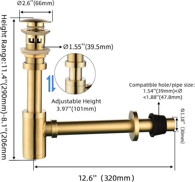 Bathroom Sink Stopper P-Trap Complete Set Adjustable Bottle Trap Solid Brass - Image 3