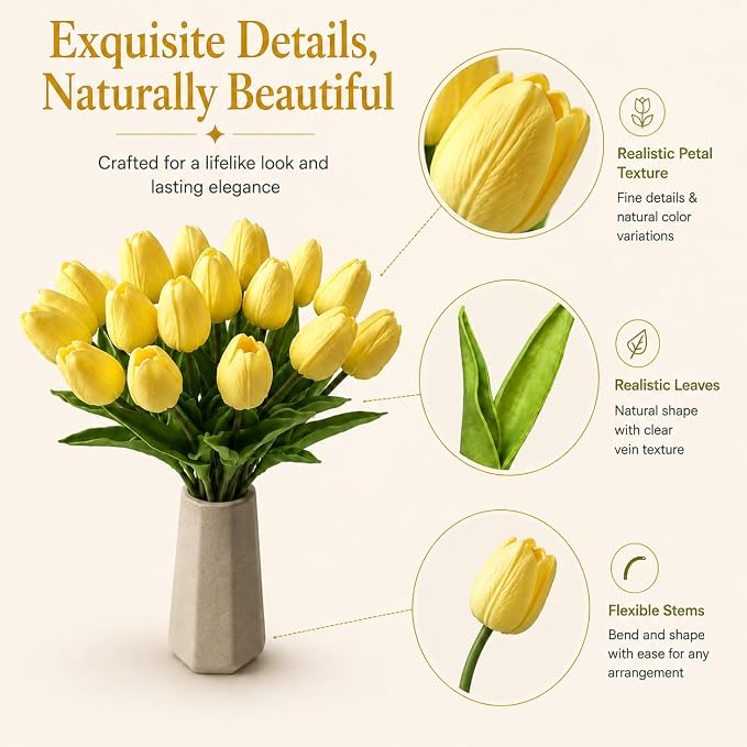 Mandy's 20pcs Artificial Light Yellow Tulips | 13.5 Inch Lifelike PU Tulips - Image 4