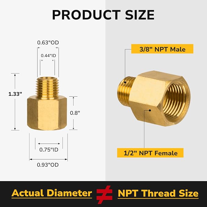 Brass Pipe Fitting, 3/8" NPT Male × 1/2" NPT Female Reducer Adapter, Heavy Duty - Image 2