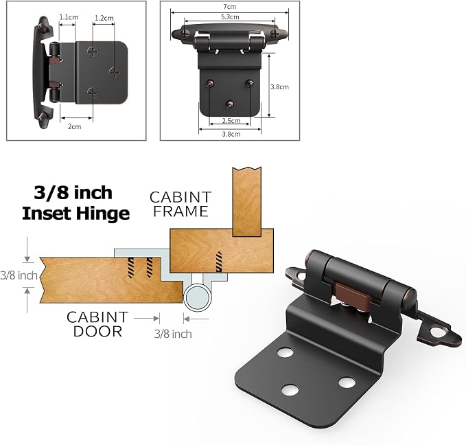 3/8 Inch Inset Cabinet Hinges, 5 Pairs Self Closing Flush Face Mount Hinges - Image 4