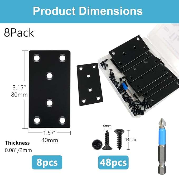 QSJ 8 Pack Black Flat Mending Plate 3.15x1.57'', Stainless Steel Bracket - Image 2