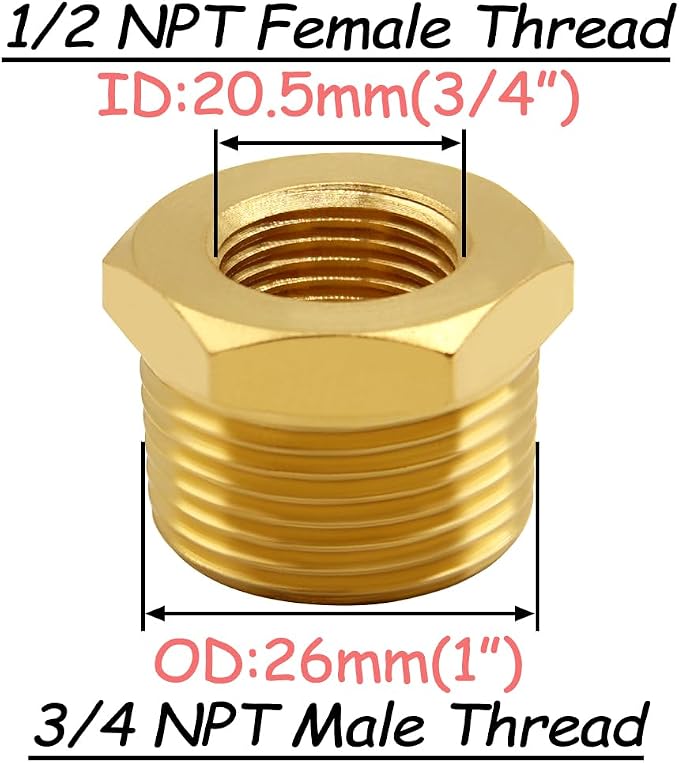Uenede Brass 3/4" NPT Male to 1/2" NPT Female Reducer Bushing - Image 2