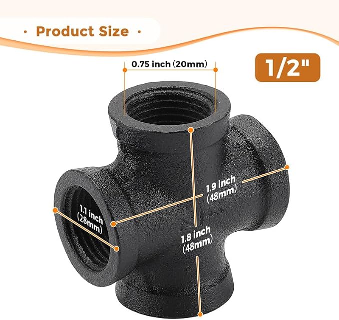 1/2" Black Pipe Fittings 4-Way Cross Fitting Home Expert 10 Pack | Malleable - Image 3