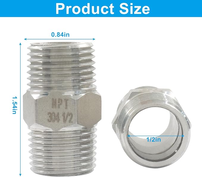 1/2" Male x 1/2" Male NPT Hex Nipple Pipe Fittings | 304 Stainless Steel - Image 2