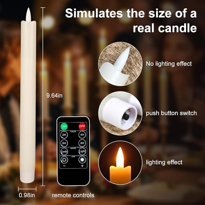 Battery Operated Flameless Ivory Taper Candles Flickering–Set of 6, Realistic - Image 6