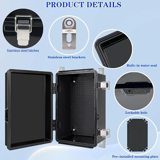 Waterproof Electrical Box, IP67 Junction Box Stainless Steel Latch Hinged Black - Image 3