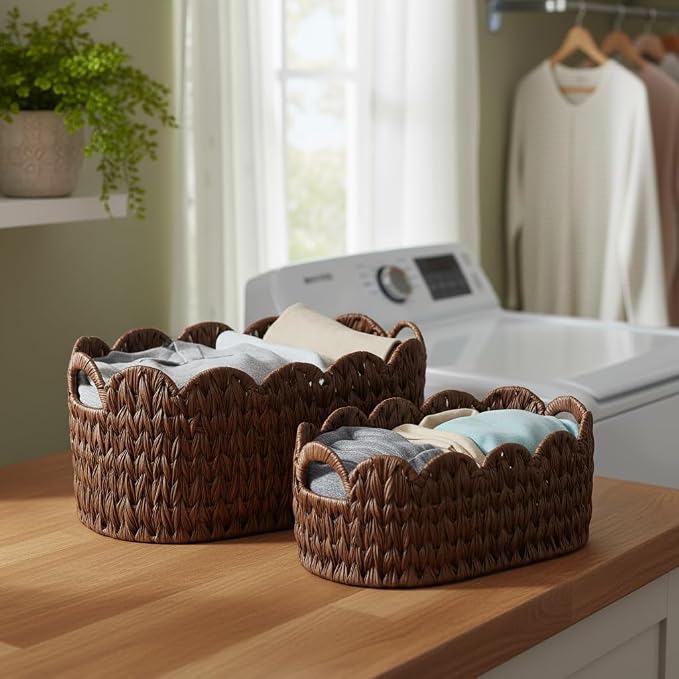 Coeusy Wicker Scalloped Basket Set of 2, Woven Storage Baskets - Image 2