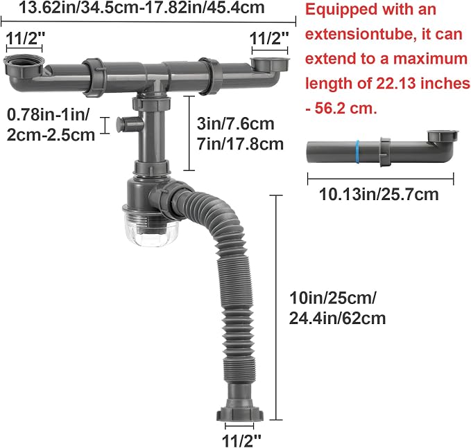 1-1/2 inch Kitchen Sink Drain Kit, space-saving kitchen drain - Image 2