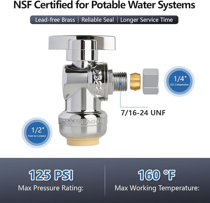 WiseWater Push Fit Angle Stop Valve 1/2" Push x 1/4" Compression Shut Off | - Image 2
