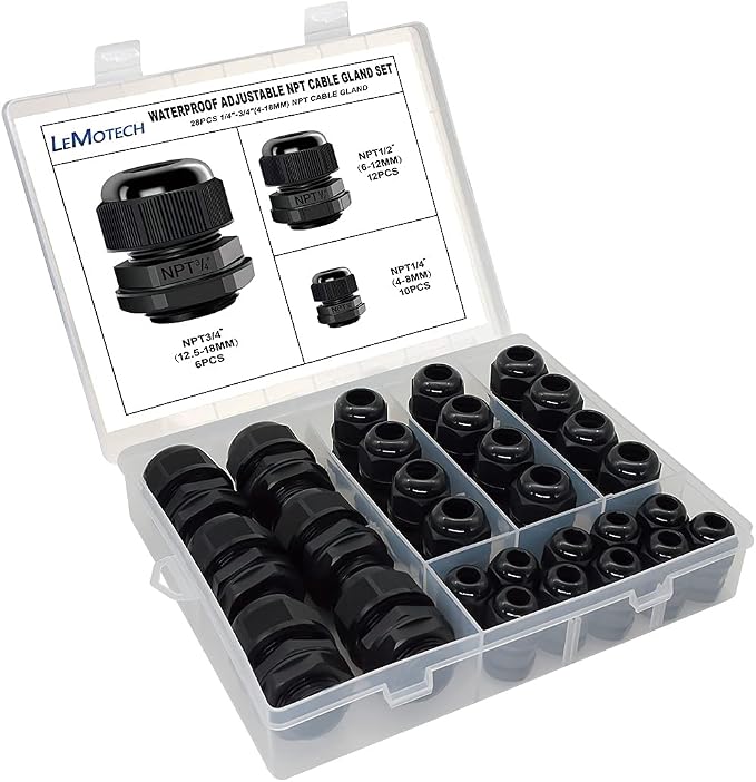 28 Pack NPT 1/4" 1/2" 3/4" Cable Glands Kit Waterproof Adjustable 4-18mm Cable by LeMotech