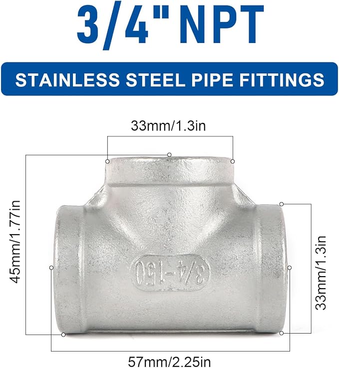 4PCS Pipe Fittings 304 Stainless Steel Tee Pipe Fittings 3/4" x 3/4" x 3/4" NPT - Image 2