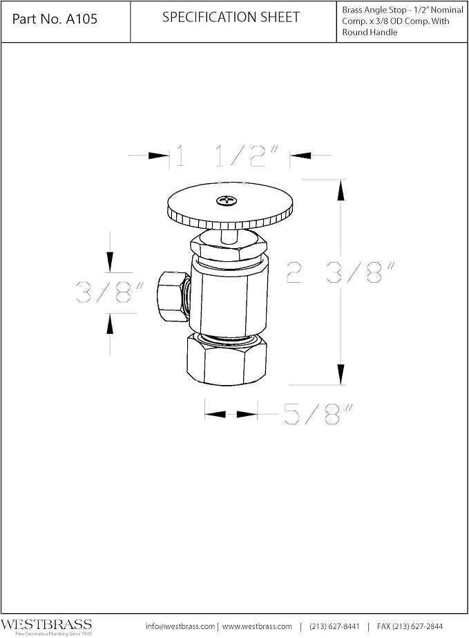 Westbrass A105-01 Round Handle Angle Stop Shut Off Valve, 1/2" Copper Pipe Inlet - Image 2