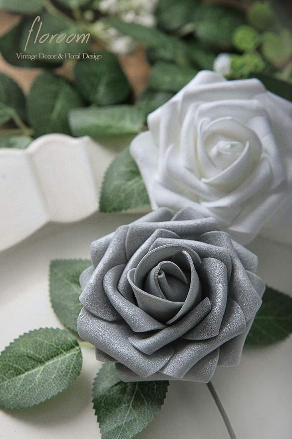 Artificial Flowers 25pcs Real Looking Shimmer Silver Grey Foam Fake Roses - Image 5