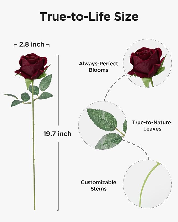 InnoGear Burgundy Roses Artificial Flowers 50 Pcs Fake Velvet Silk Floral | Bulk - Image 2