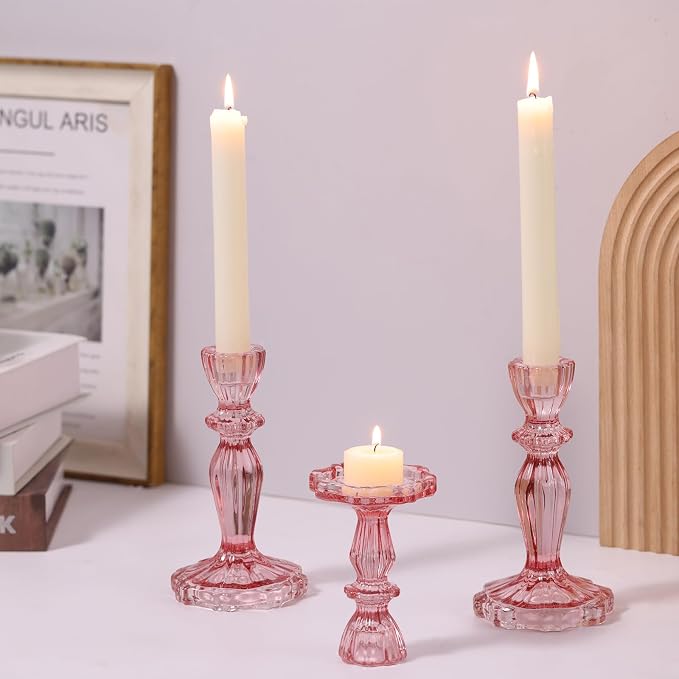 Pink Candlestick Holders Set of 6, Glass Taper Candle Holders | 4.3"H & 6.3"H - Image 7